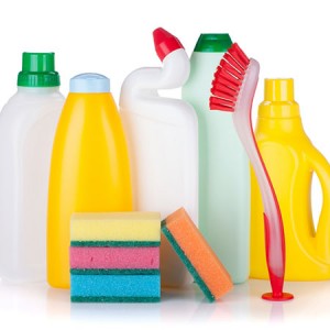 A collection of home cleaning supplies you need to clean hard water residue