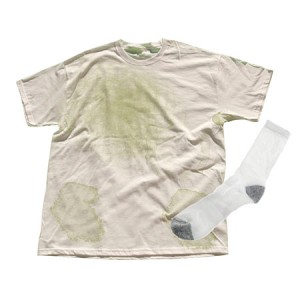 A dingy white shirt and sock after being washed with hard water